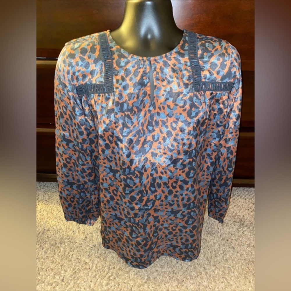 NWT Soft Surroundings Gianna‎ Copper Teal Black Cheetah Print Top Blouse Size L